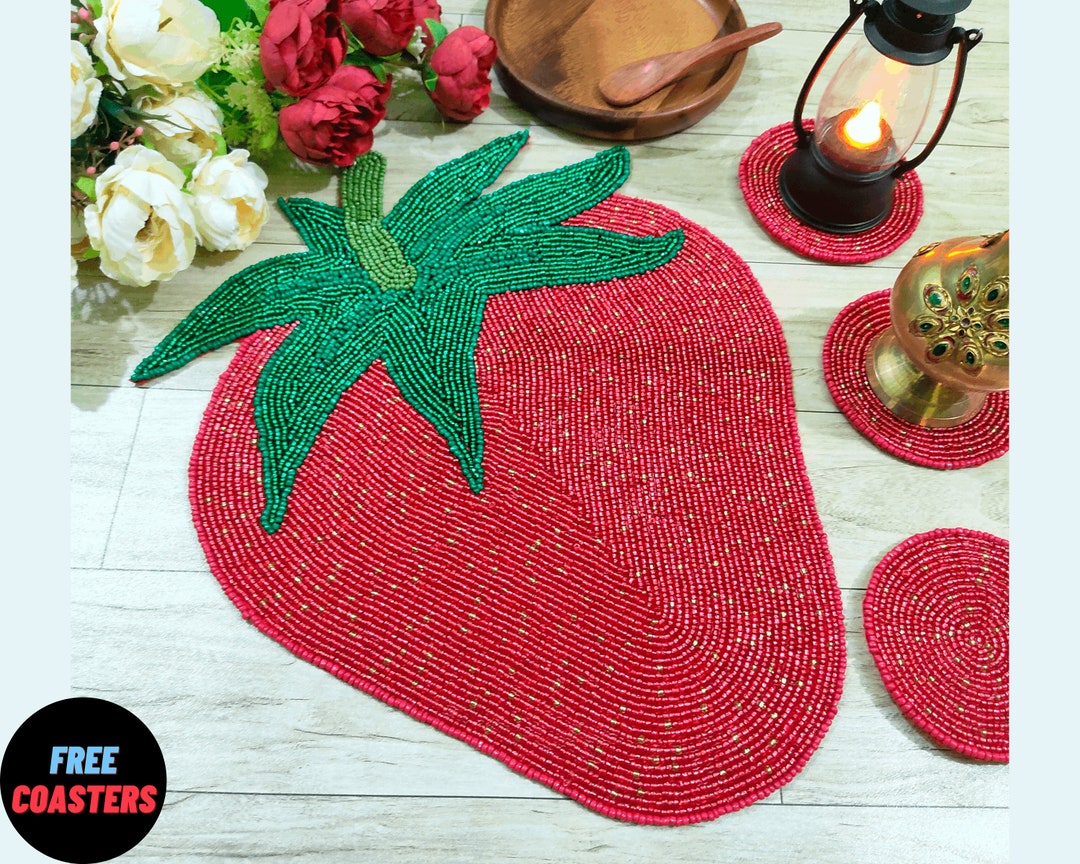Handmade Beaded Placemat, Strawberry, Red Placemat, Bead Charger