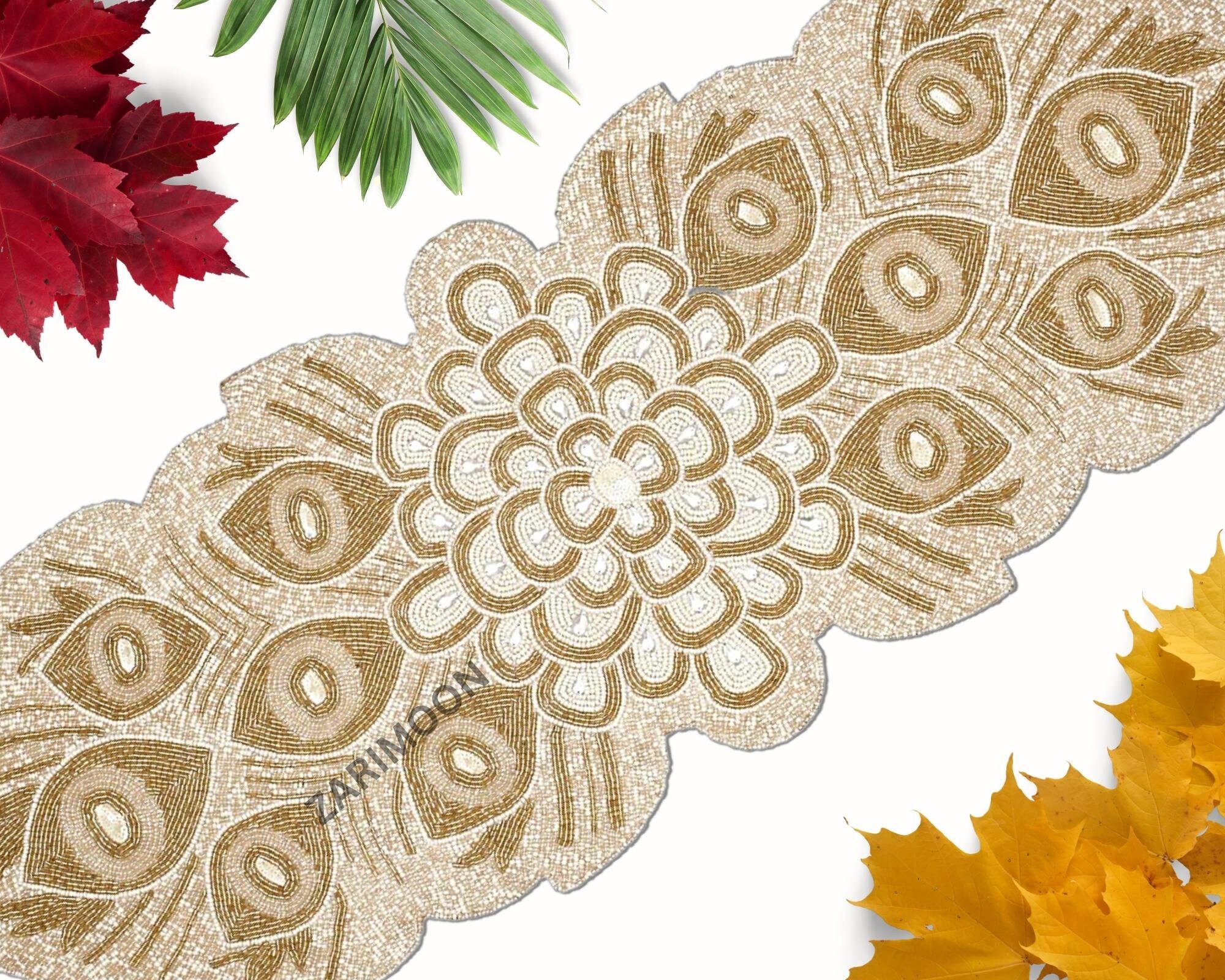 ALL SIZES Feathers Handmade Table Runner, Beaded Runner, Gold and
