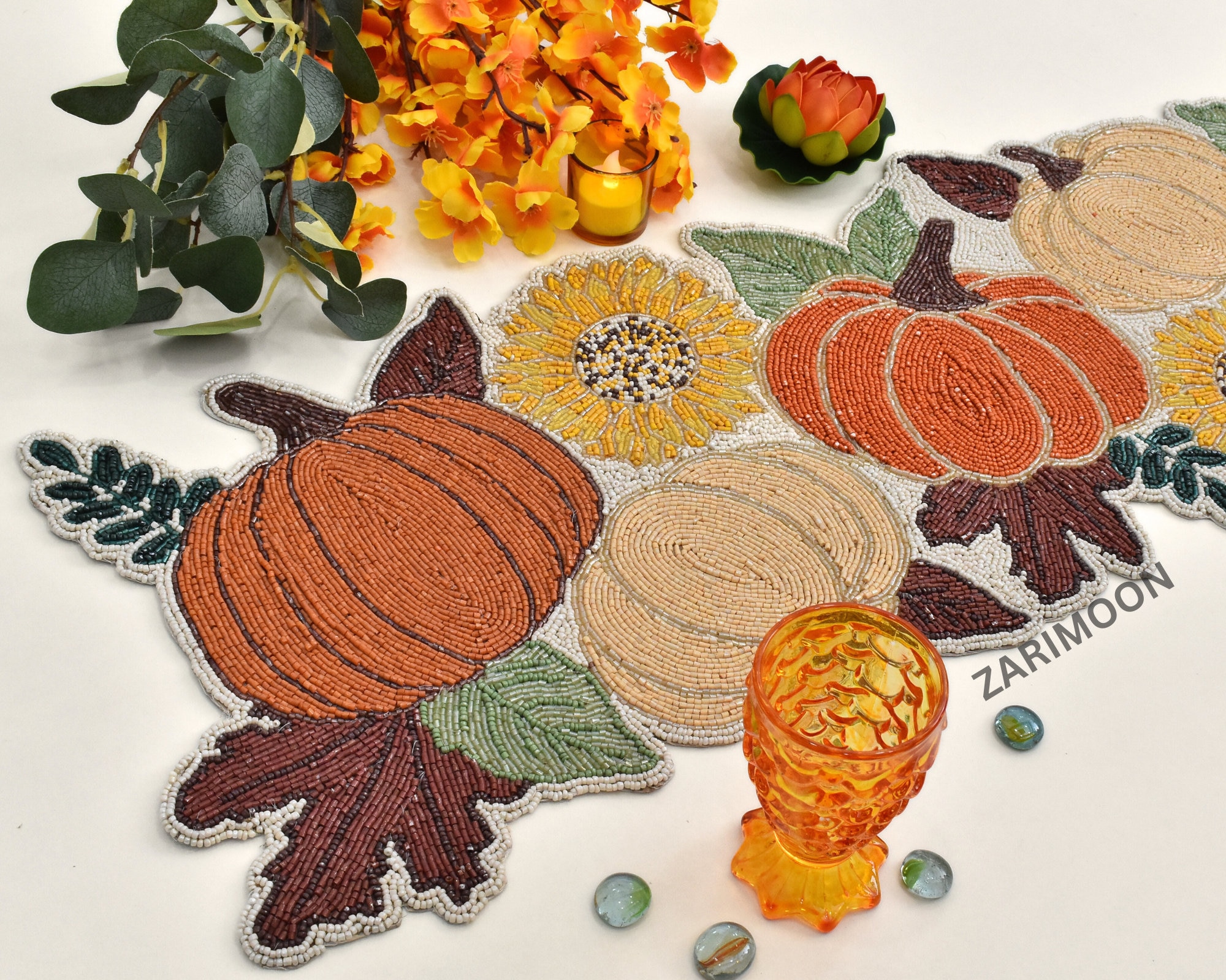 Handmade Bead Table Runner and Placemat, Fall Runner, Pumpkin Halloween ...