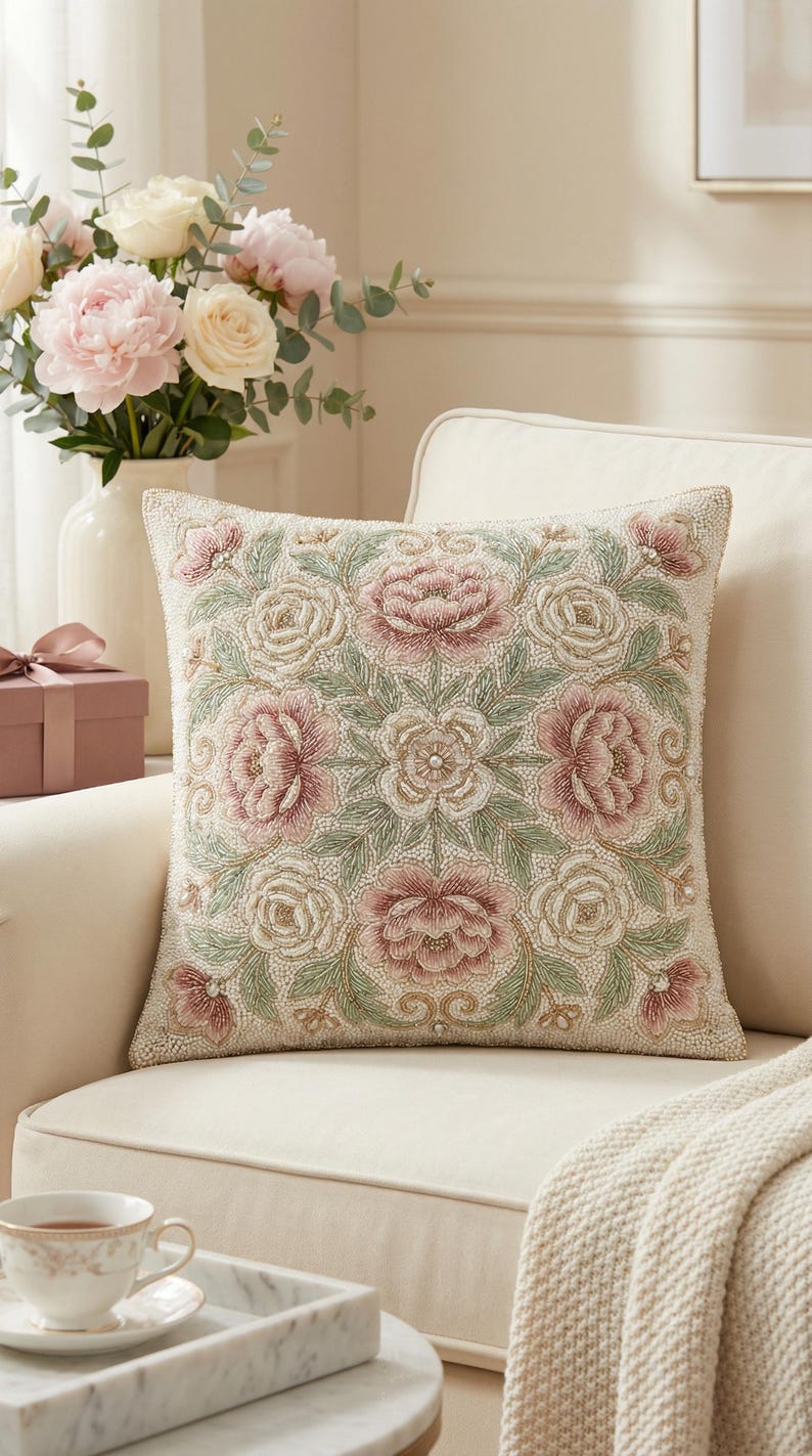 ALL SIZES Hand-beaded Rose Floral Decorative Throw Pillow - Dusty Pink ...