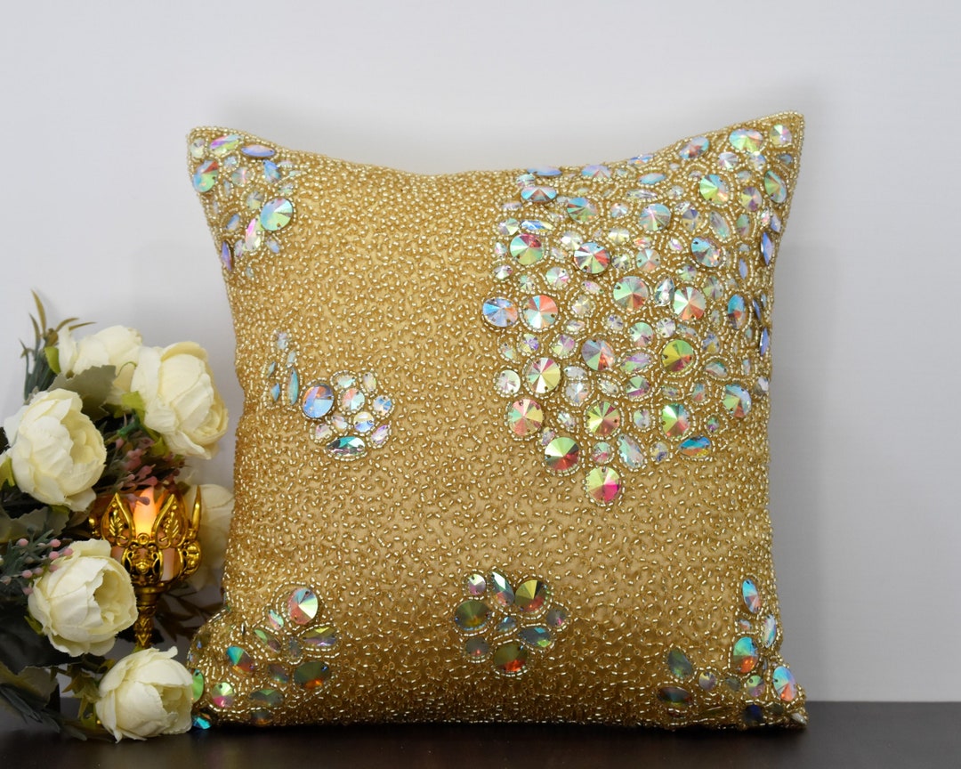 Gold Bling Beaded Throw Pillow Cover Luxury Modern Handmade Cushion