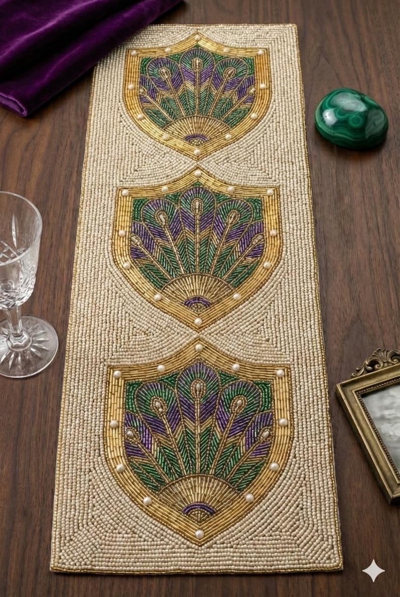 ALL SIZES Art Deco Peacock Beaded Table Runner - Gold, Purple & Green ...