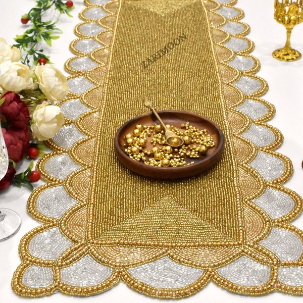 XL Gold silver handmade table runner, luxury beaded mat, hand beaded runner, 13x60, 13x72, 13x90 inch long table runner