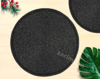 Black handmade beaded placemat, beaded charger, beaded table mat, silver, round mat, gift for her, embroidered decorative placemat Gift
