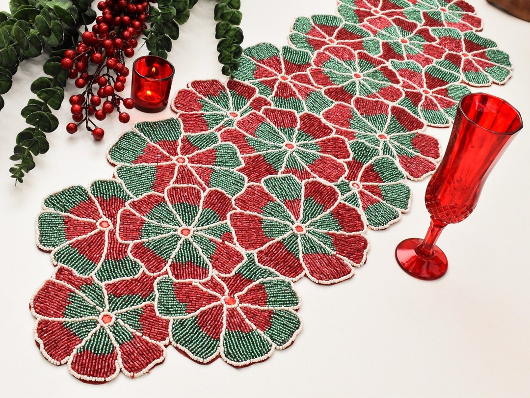 Handmade Beaded Table Runner, Christmas Floral, 13x36inch, Red Green