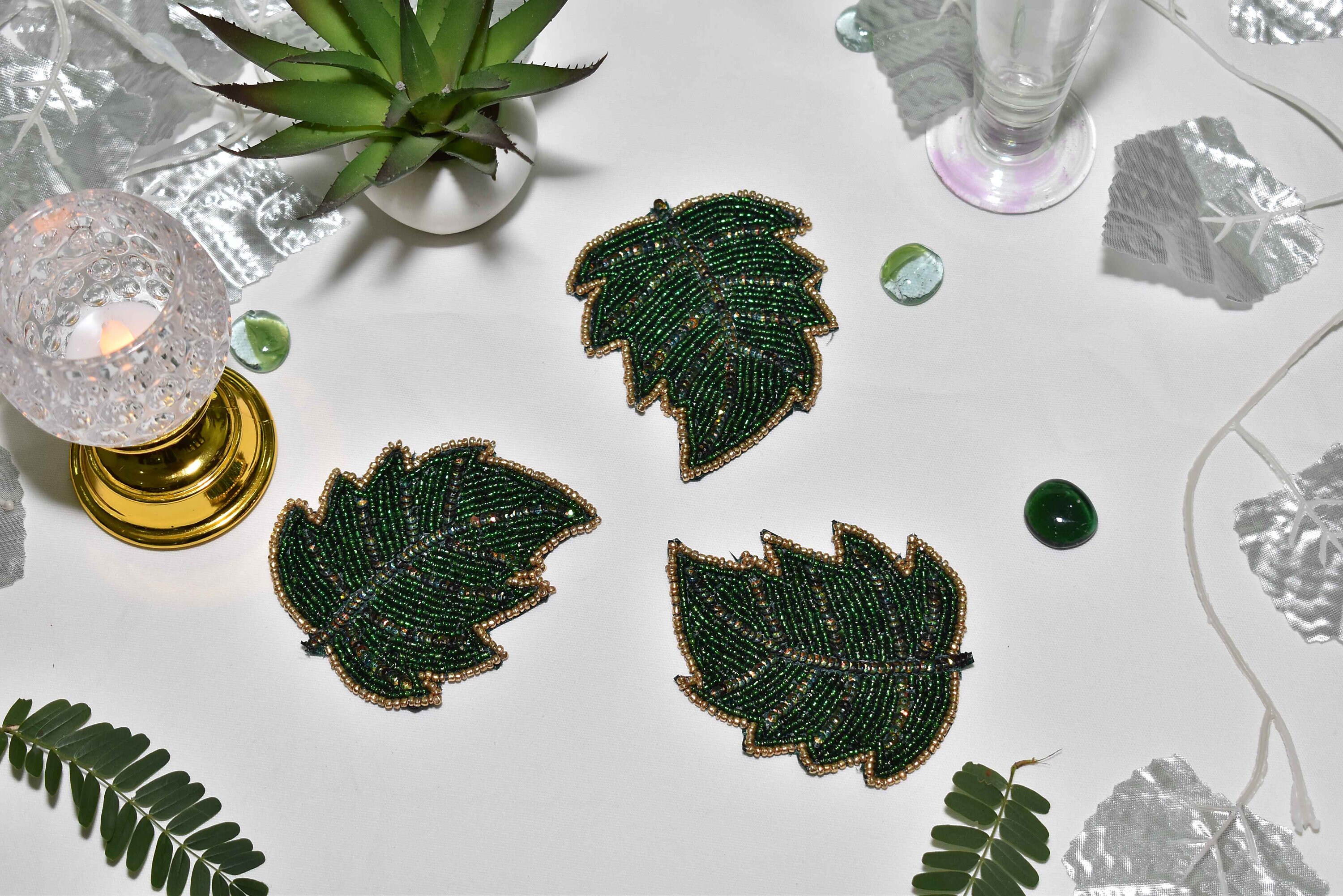 Set of 6/9/12 Green Leaf Beaded Coasters Red Drink Coasters Etsy UK