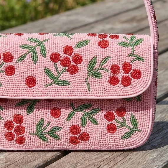 Pink Cherry Beaded Handbag - Red and Green Floral Fruit Shoulder