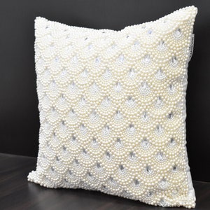 White Pearl Beaded Pillow Cover Luxury Contemporary Beaded Pillow Cover Hand Embroidered Embellished toss Custom Accent Personalised Gift image 4