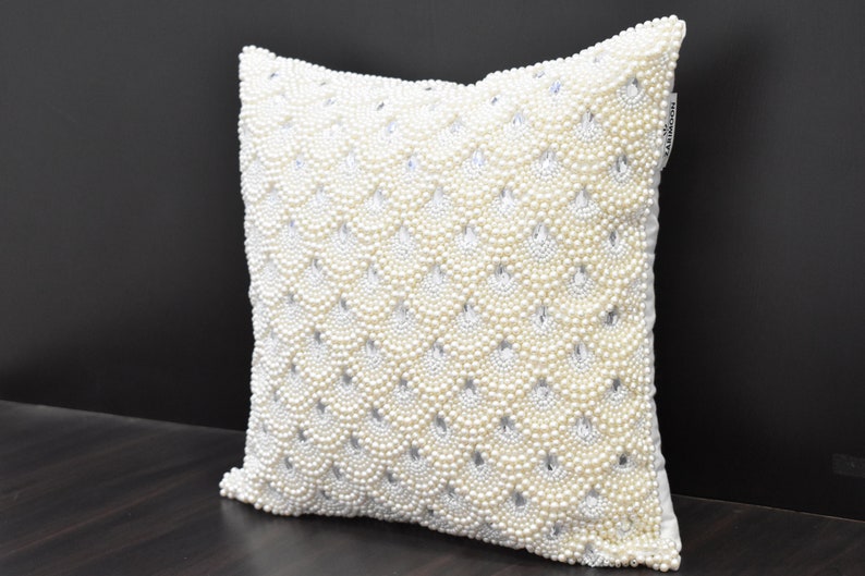 White Pearl Beaded Pillow Cover Luxury Contemporary Beaded Pillow Cover Hand Embroidered Embellished toss Custom Accent Personalised Gift image 4