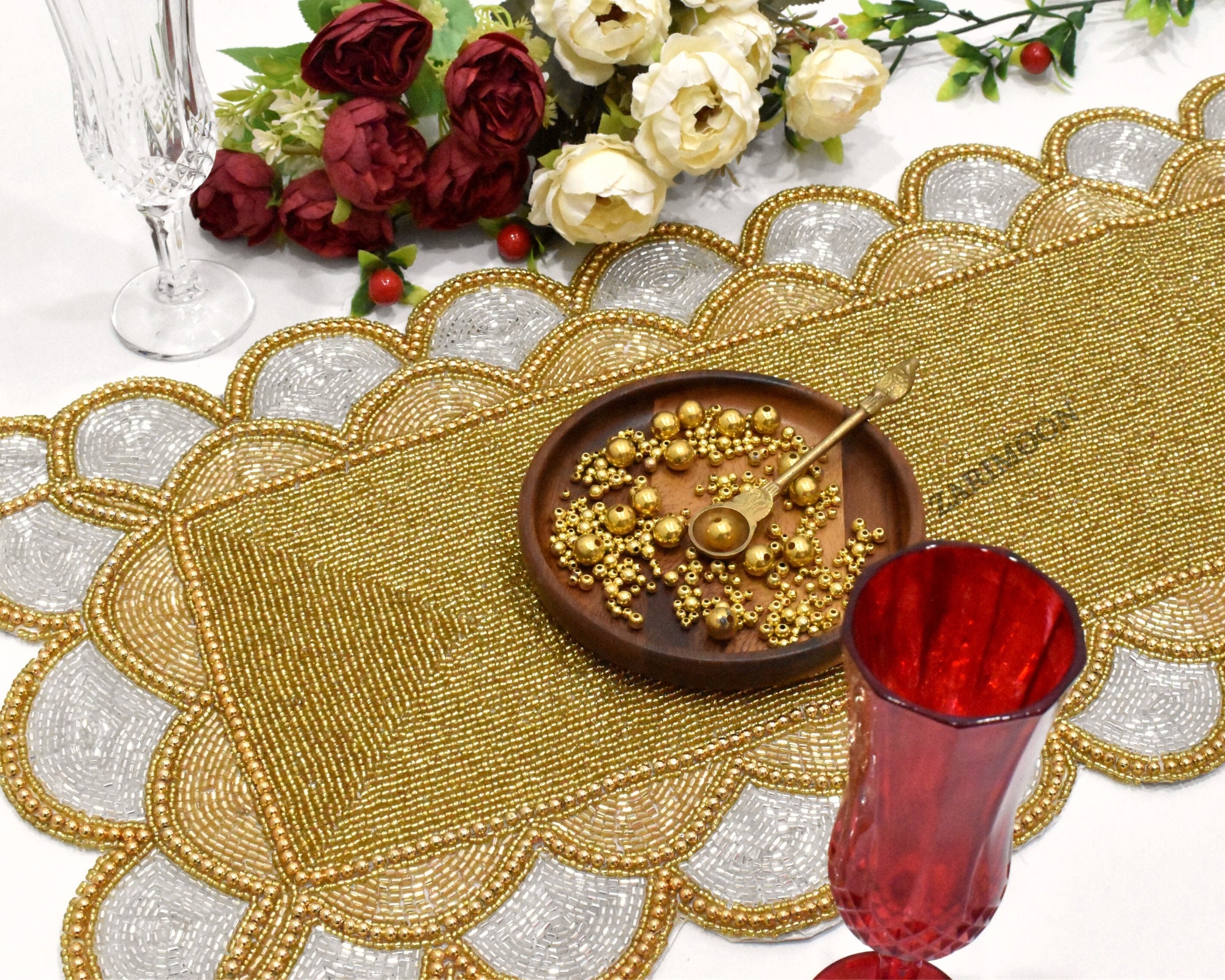 ALL SIZES Gold Silver Handmade Table Runner, Luxury Beaded Mat