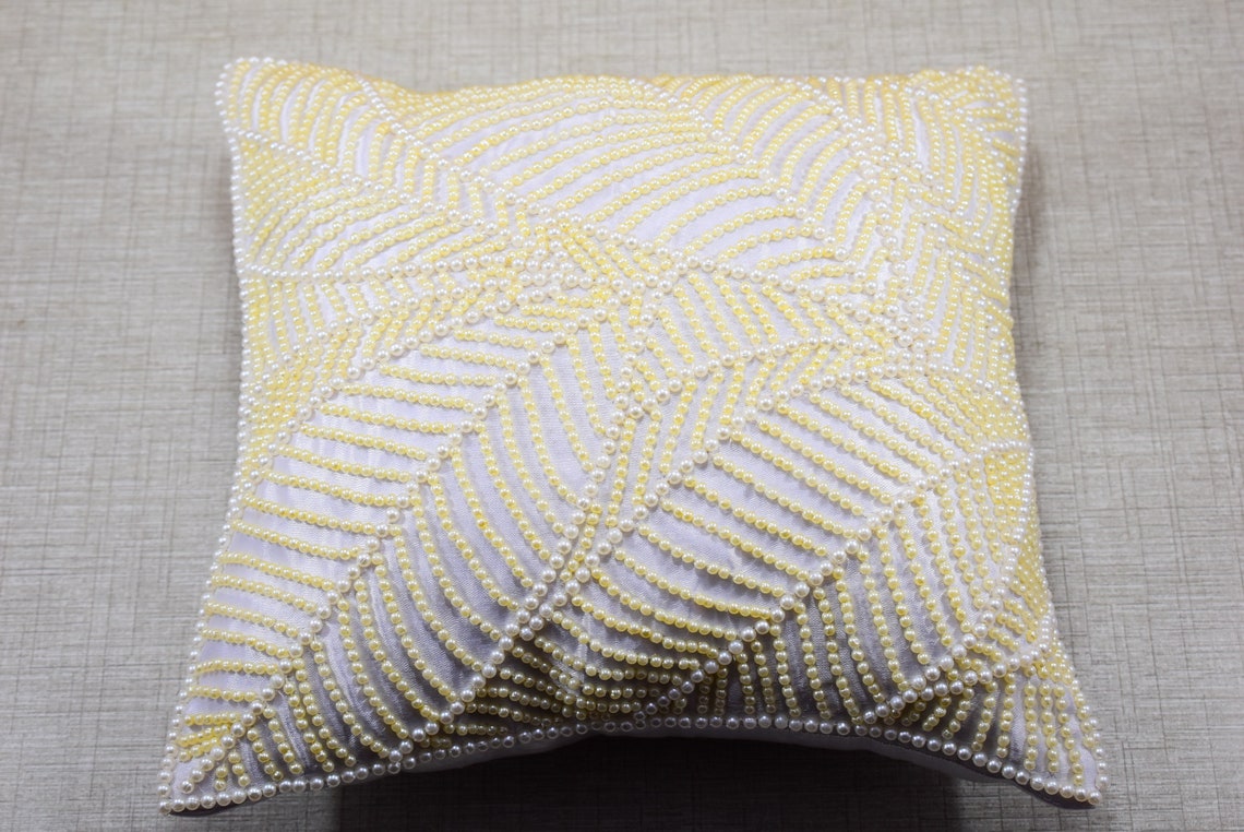 White Beaded Throw Pillow Cover Luxury Pearl Contemporary Etsy