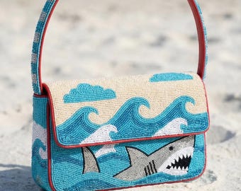 Hand Perlen Hai und Ocean Wave Handtasche - Blau, Creme, und Rot Nautische Crossbody Tasche - Tropisches Strand Sommer Zubehör