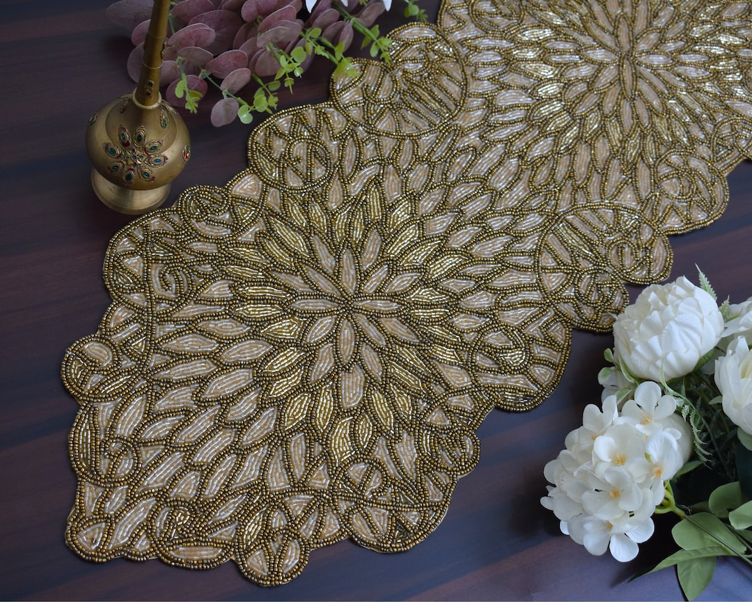 Handmade Bead Table Runner, Gold Table Mat, Hand Beaded Runner ...
