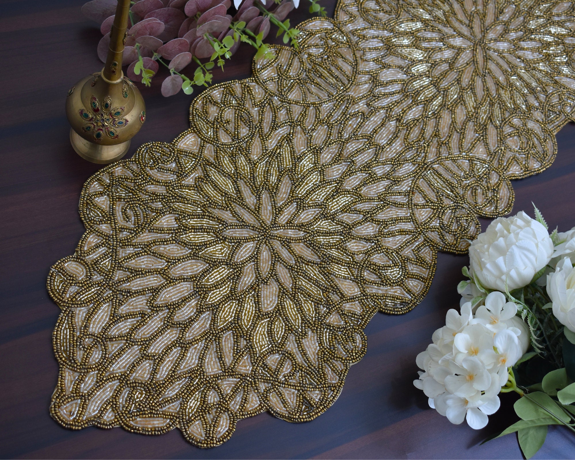 Handmade Bead Table Runner, Gold Table Mat, Hand Beaded Runner ...
