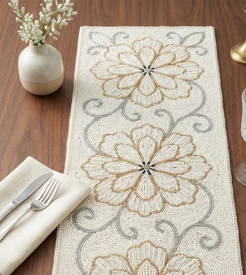 Luxurious Cream & Gold Floral Beaded Table Runner - Elegant Hand-beaded ...