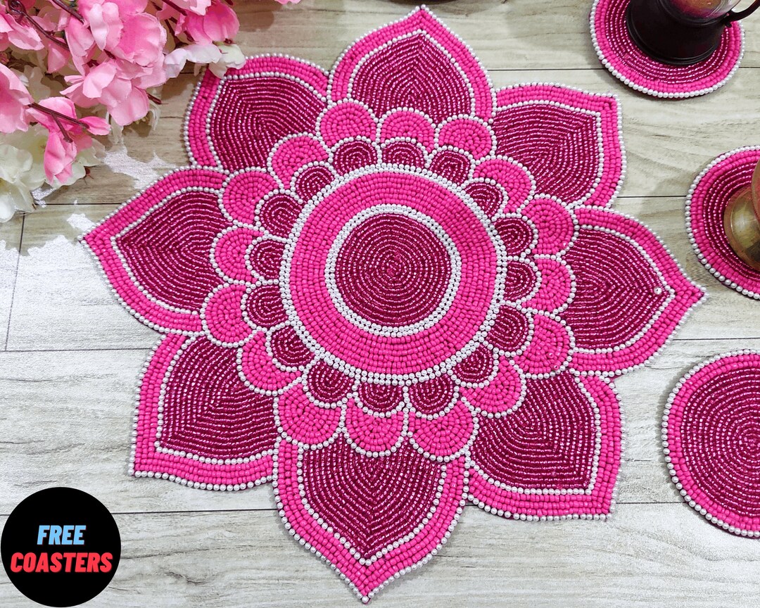 Handmade Beaded Placemat, Purple and White, Tablemat, 14 Inch