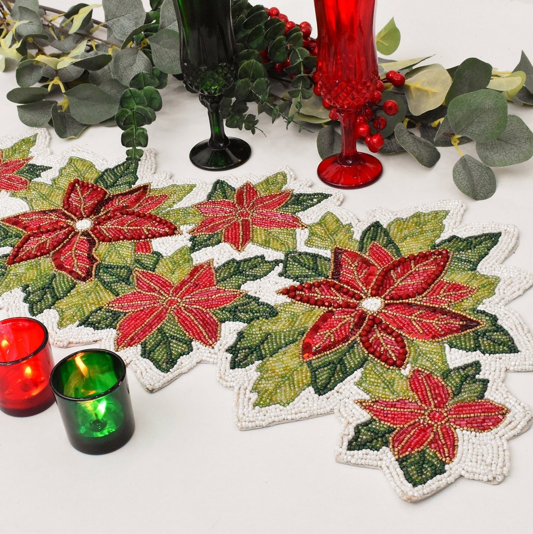 Handmade Beaded Table Runner, Christmas Floral, 13x36inch, Multicolour