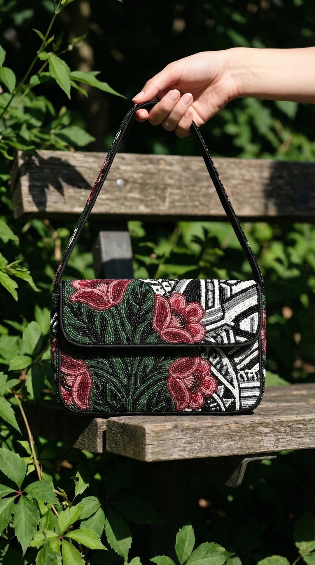 Gothic Floral Beaded Shoulder Bag - Black, Red, and Silver Art