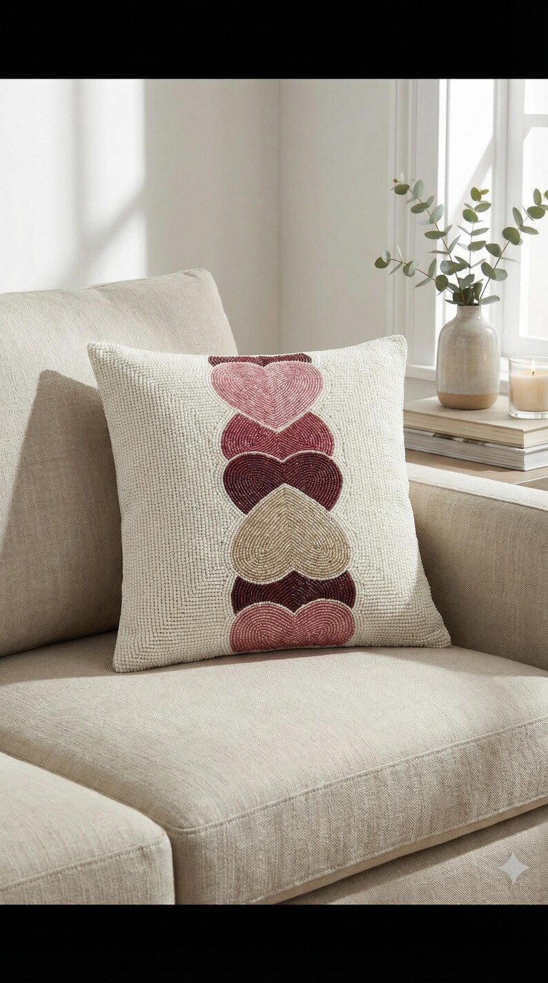 ALL SIZES Hand-beaded Heart Pillow in Pink, Valentine Dusty Rose Red ...