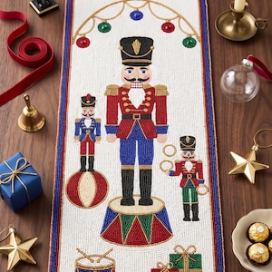 Handmade Beaded Nutcracker Table Runner, Christmas Circus Table Decor, Festive Holiday Dining Table Runner, Beaded Christmas Table Runner,