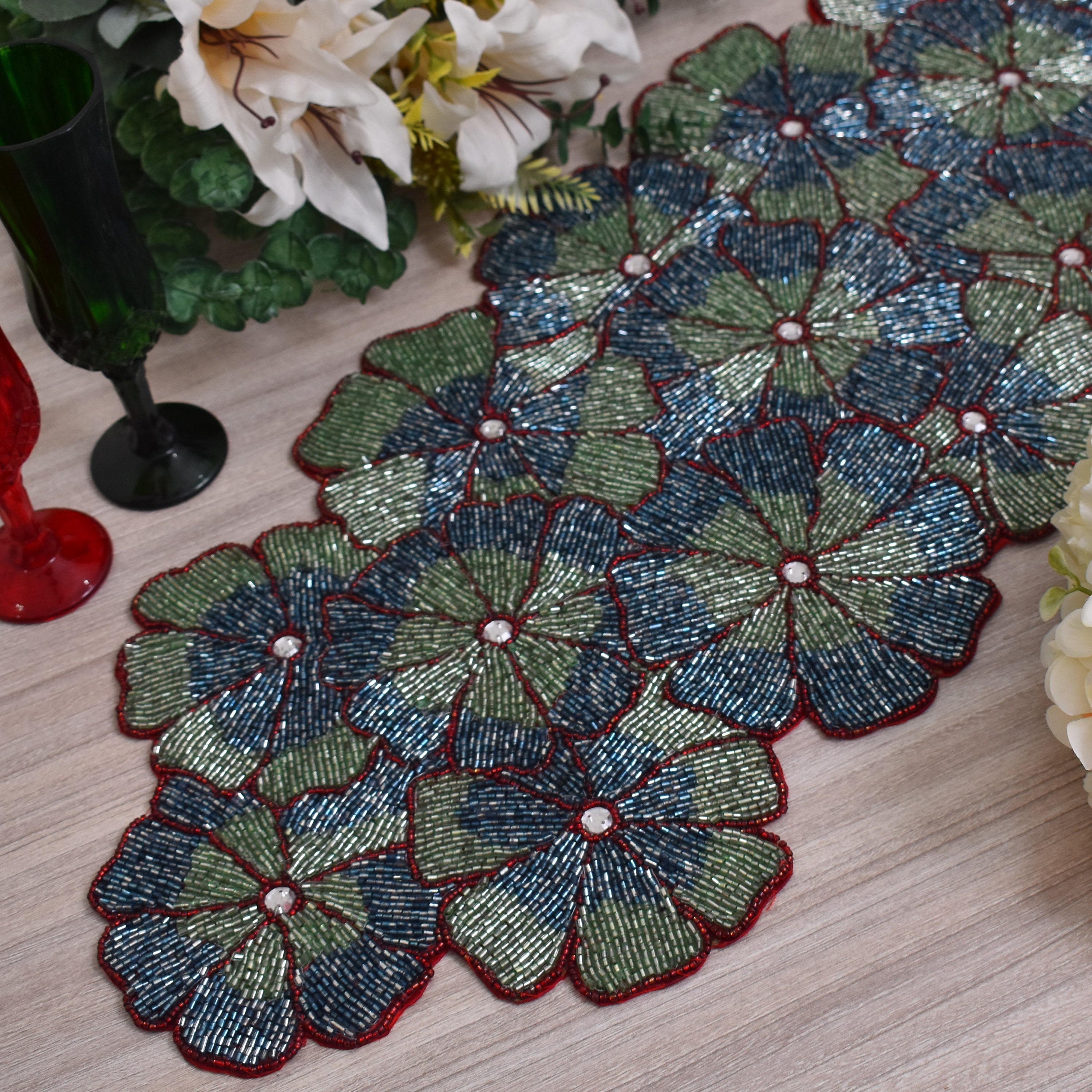 Handmade Table Runner, Beaded Table Runner, Floral Greenish Blue Multi ...