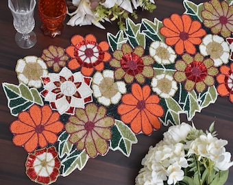 Handmade table runner, floral spring beaded table runner multicolor, summer beaded mat, hand beaded runner, Table Mat, Gift For Her Gift