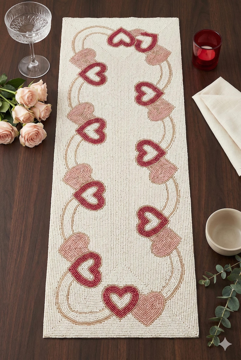Handmade Cream Beaded Table Runner With Pink and Red Hearts, 36 Inch ...