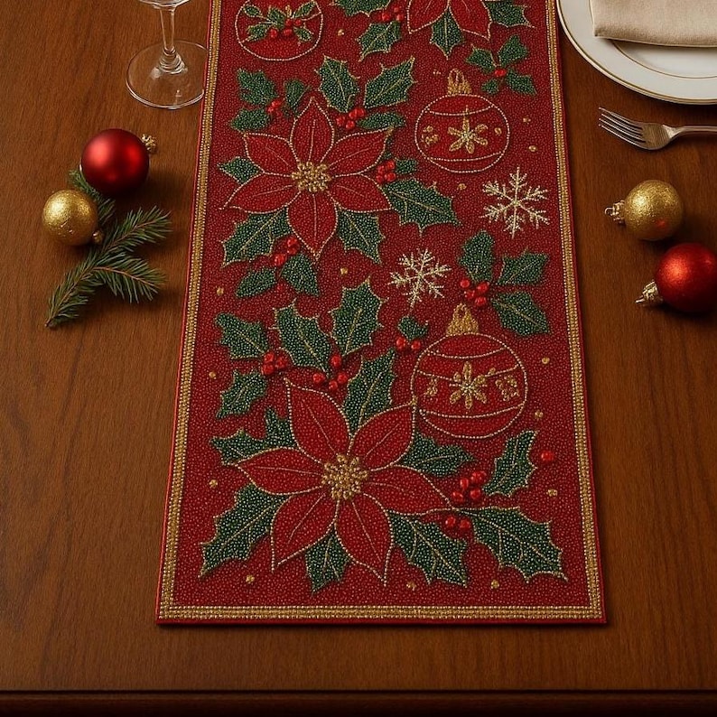 ALL SIZES Red Poinsettia Beaded Table Runner 13x36 | Handmade Christmas ...