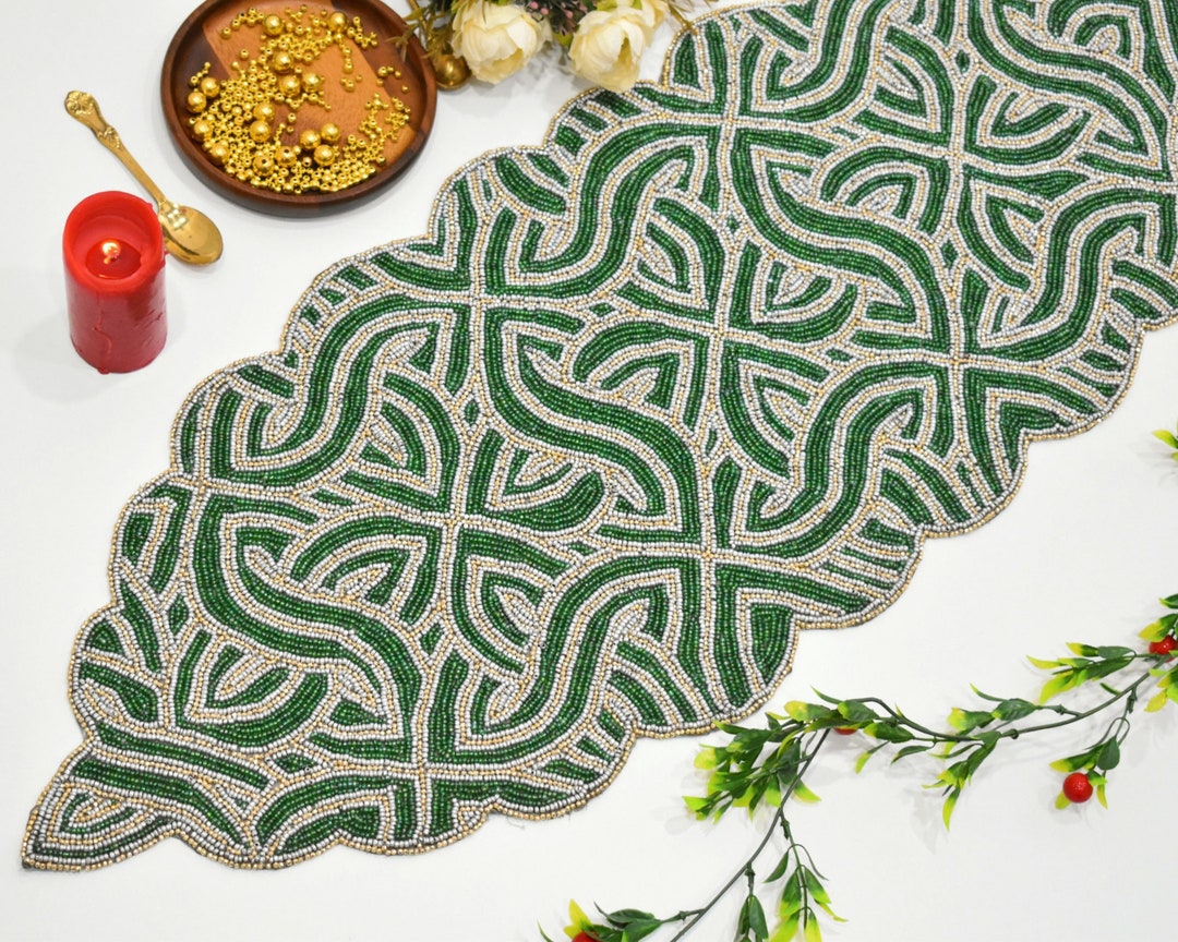 Handmade Bead Table Runner Green Silver Hand Beaded Runner Etsy
