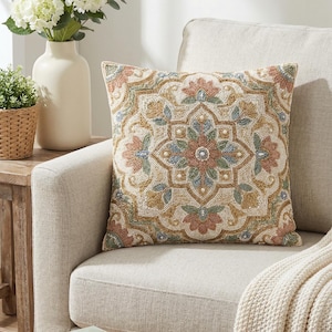 ALL SIZES Hand-Beaded Medallion Boho Decorative Throw Pillow - Sage Green, Terracotta, Gold, and Cream