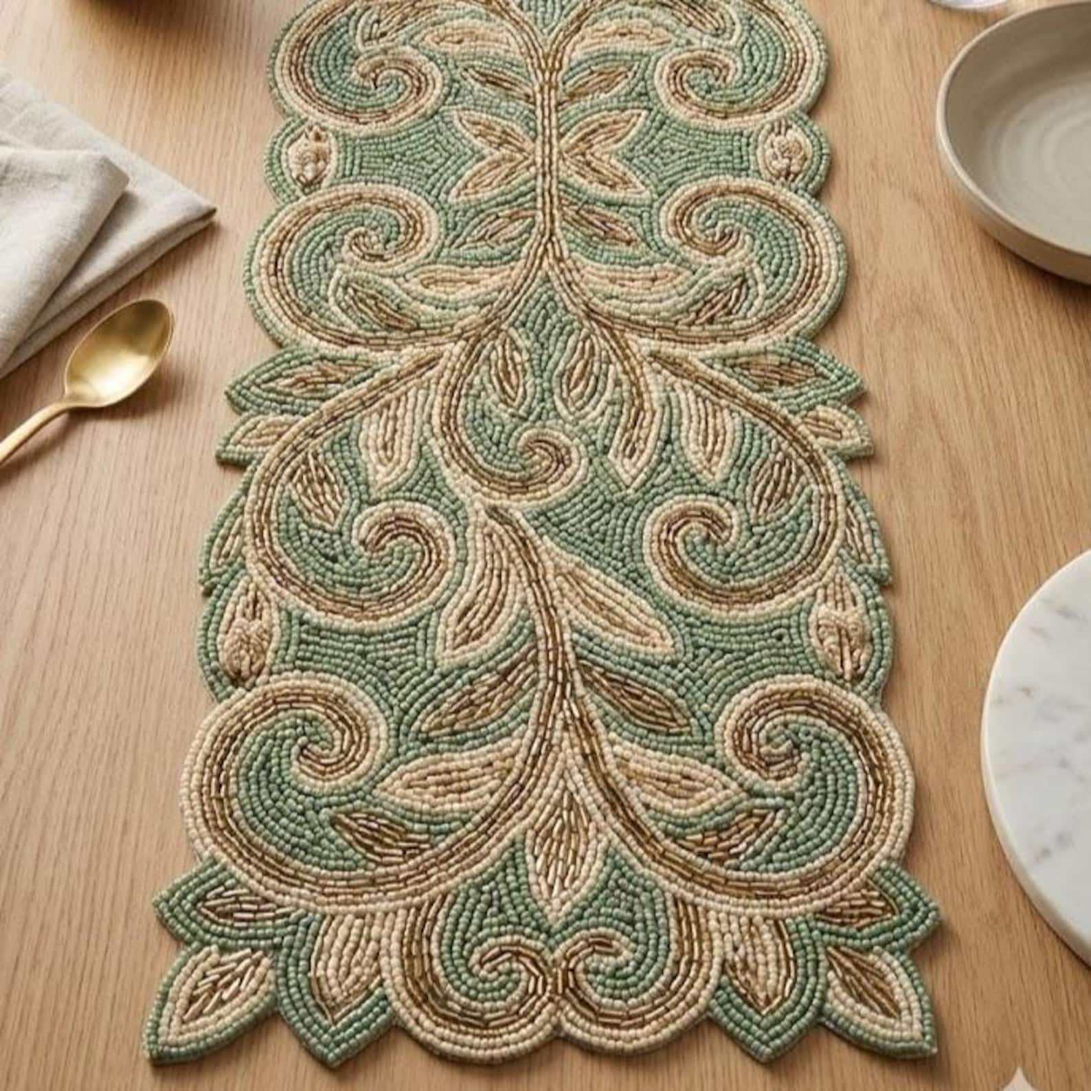 ALL SIZES Handmade Sage Green and Gold Damask Beaded Table Runner ...
