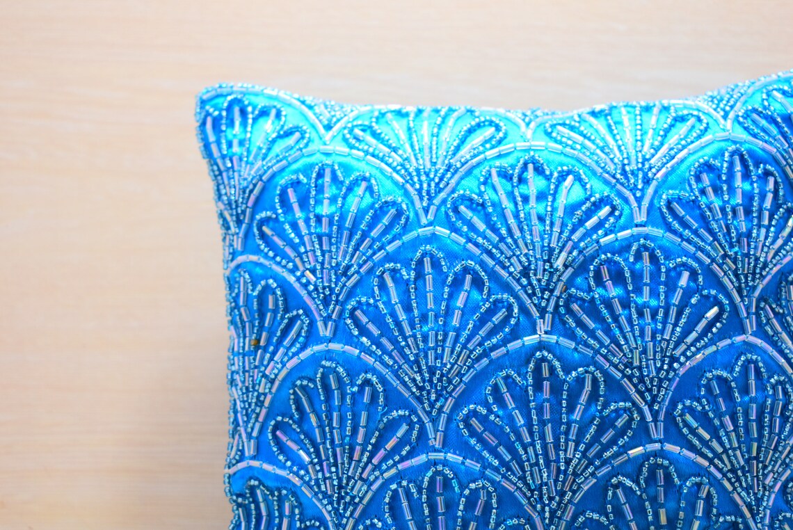 Sky Blue Beaded Throw Pillow Cover Luxury Contemporary Modern Etsy