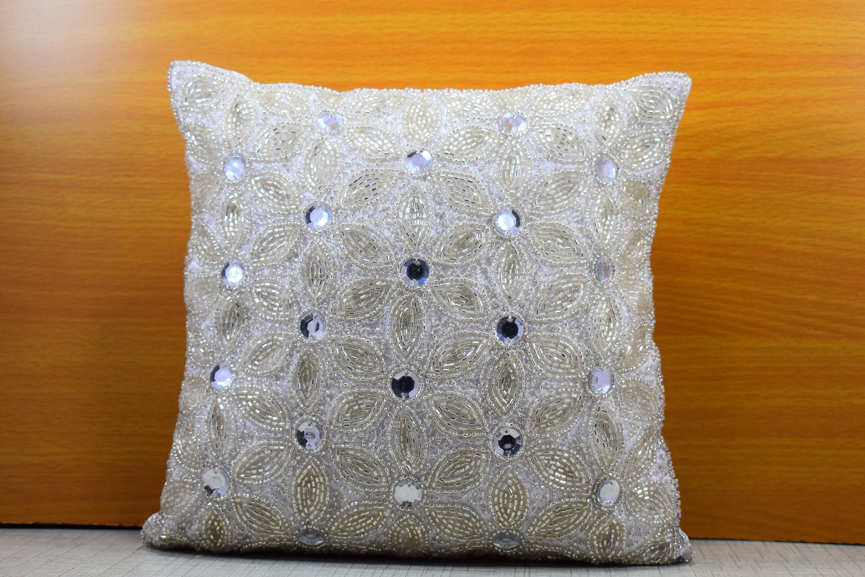 White Silver Beaded Throw Pillow Cover Luxury Contemporary Etsy