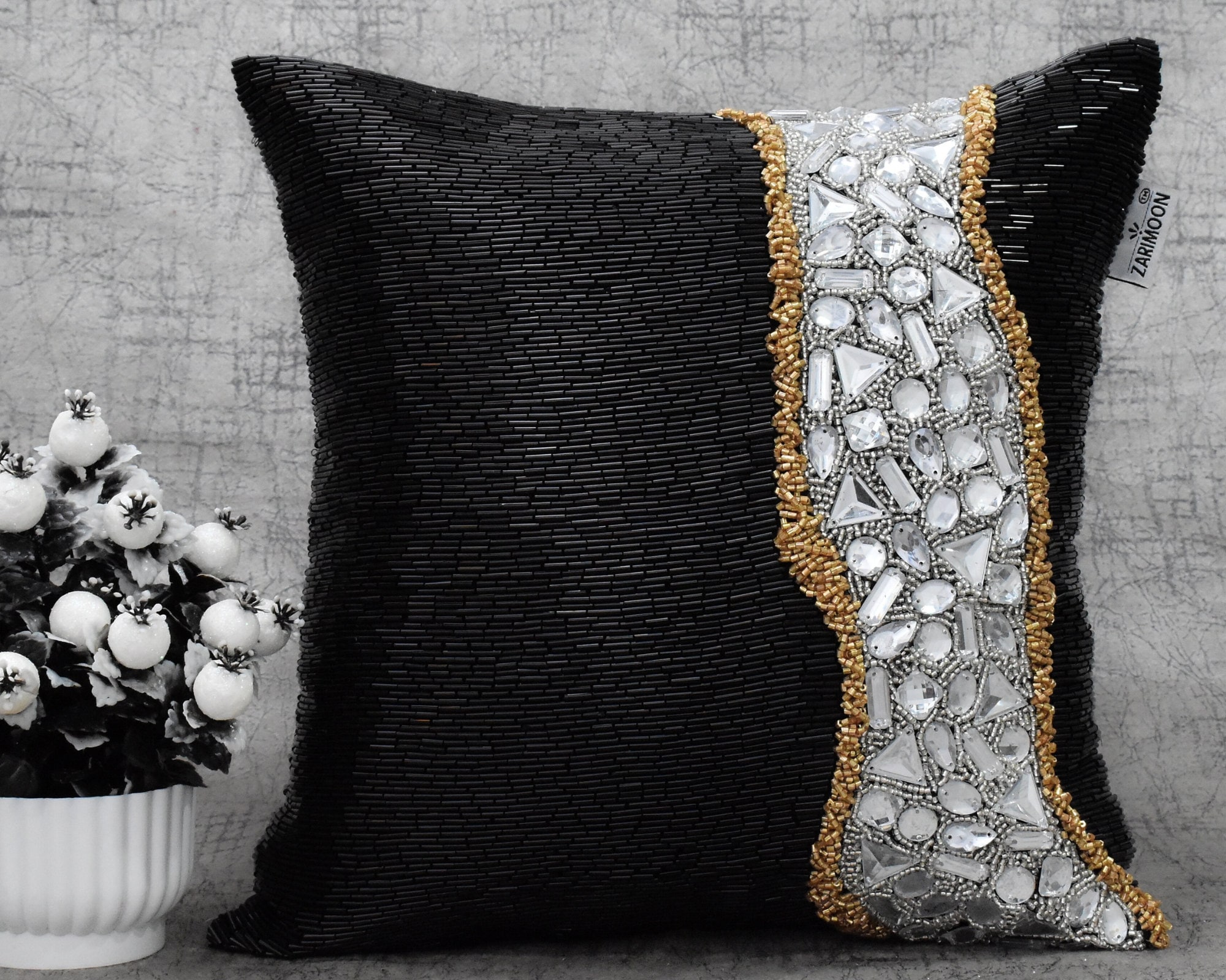 ZARIMOON White Silver Crystal Beaded Pumpkin Pillow Cover Luxury Halloween