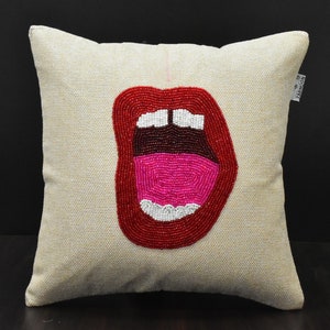 Pop art pillow cover, Beaded lips pillow, lip pillow, pop art cushion, art pillow, linen pillow, red lips pillow, birthday gift Gift for Mom