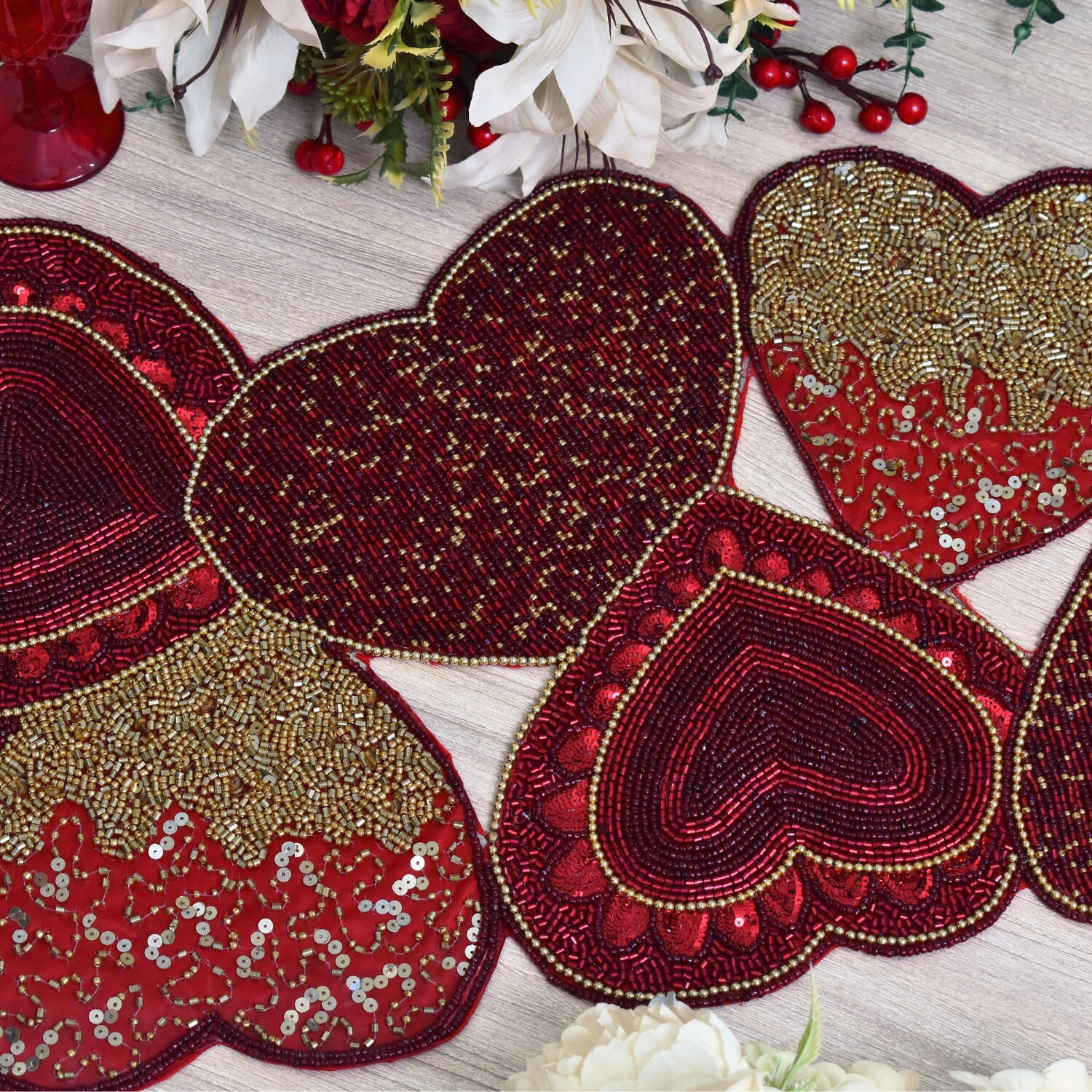 Valentine Handmade Beaded Table Runner, Heart Table Runner, Red Gold ...