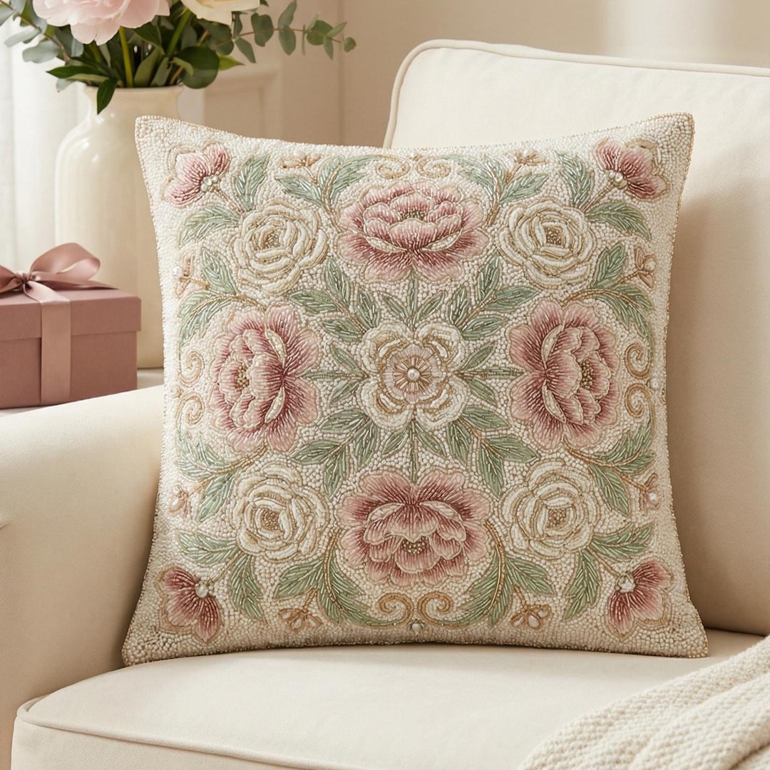 ALL SIZES Hand-beaded Rose Floral Decorative Throw Pillow - Dusty Pink ...