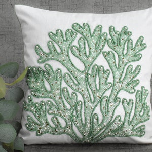 TUTTE LE MISURE Federa per cuscino con perline verde bianco Corallo cotone Fatto a mano Lusso Contemporaneo Cuscino con accento personalizzato ricamato con perline