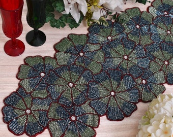 Handmade table runner, beaded table runner, Floral Greenish Blue multi color, luxury beaded mat, hand beaded runner, Table Mat, Gift For Her