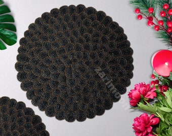 Black handmade beaded placemat, beaded charger, beaded table mat, silver, round mat, gift for her, embroidered decorative placemat Gift