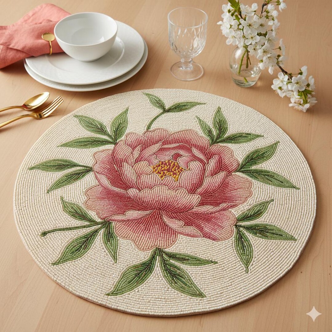 SET OF 2 Hand-beaded Pink Peony Round Placemat - Floral Dining Table ...