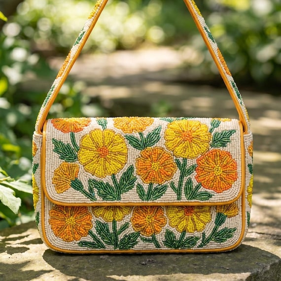Yellow Orange Floral Beaded Shoulder Bag, White Green Garden