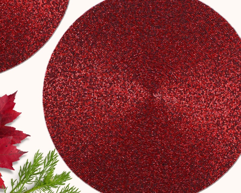 Handmade Beaded Placemat Christmas Red Round Table Mat Etsy