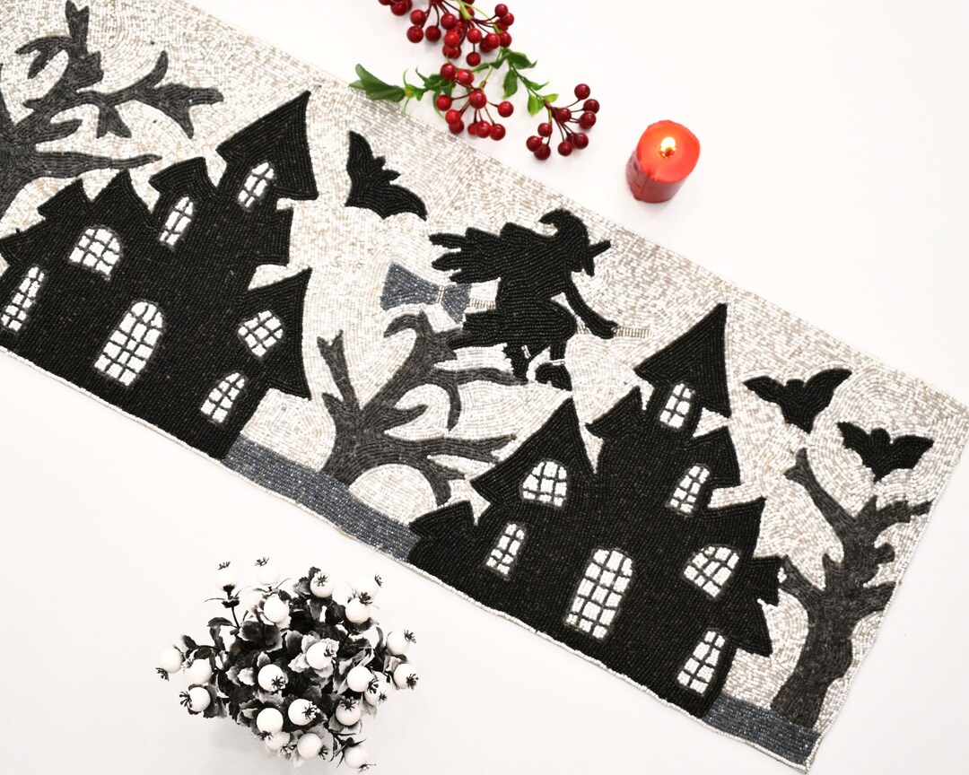 Handmade Bead Table Runner, Halloween Night, Fall Decorative