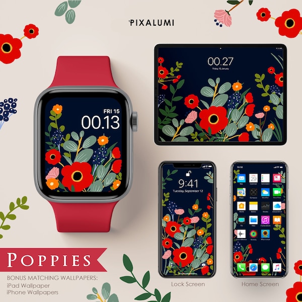 Fond d'écran Floral Apple Watch Jardin de fleurs de coquelicots. Fond d'écran iPhone Ipad assorti. Coquelicot Jardin Nature Belles Fleurs Saint Valentin