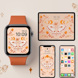 Peut inclure: Un ensemble de quatre fonds d'écran pour téléphone représentant un papillon avec une figure humaine à l'intérieur, entouré de croissants de lune et d'éléments floraux. Les fonds d'écran sont dans une palette de couleurs orange pêche avec des accents dorés. Les fonds d'écran sont conçus pour une Apple Watch, un iPhone et un iPad.