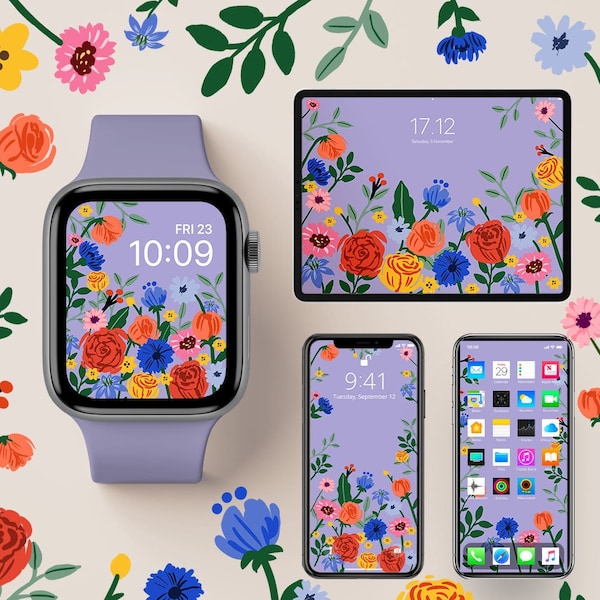 Jardin fleuri Apple Watch Fond d'écran | À base de violet | Fleur colorée | Correspondant Iphone Ipad Macbook Beau fond d'écran Floral iOS