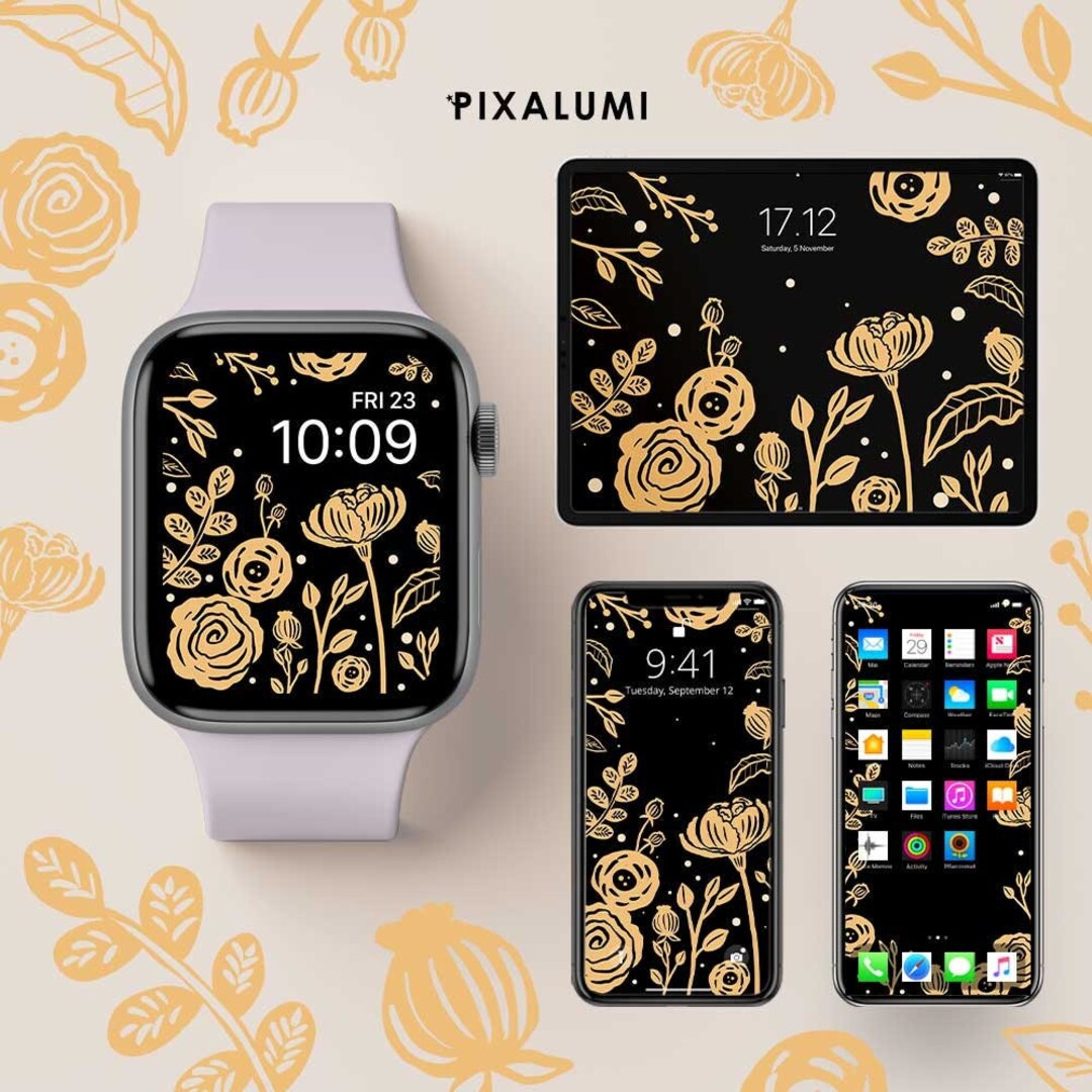 Neuve Gold Apple Watch Wallpaper Golden Black New Year 2023 Floral Rose