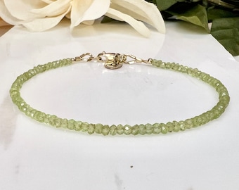 Peridot Bracelet, Dainty Beaded Bracelet, Initial Jewelry, Tiny Gemstone Beaded Stacking Bracelet, Peridot Jewelry, August Birthstone