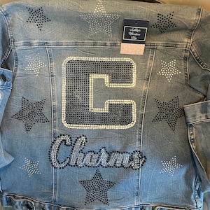 Varsity Letter Style Custom Personalized Denim Jackets -CheerRhinestone Bling Varsity letter with team name